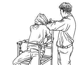 中共酷刑示意圖：狼牙銬銬鐵椅子