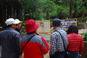 阿里山上，一群群大陸觀光遊客圍看真相展板