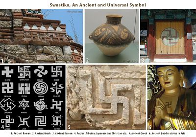 圖1：古羅馬建築上有卍字符。圖2：古希臘彩陶中有卍字符。圖3：韓國寺廟大門上的卍字符。圖4：古西藏、日本和基督教中都有這個圖案。圖5：古希臘建築上的卍字符。圖6：佛像上的卍字符。