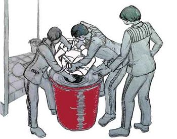 中共酷刑示意圖：溺水──把人頭按進涼水桶裏