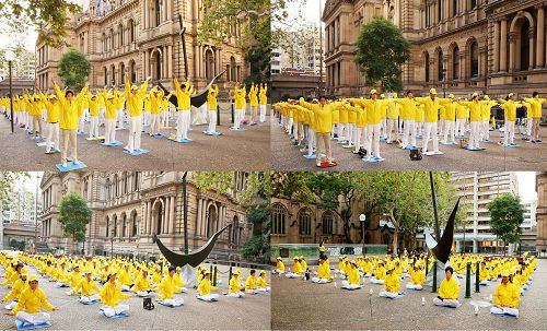圖1：法輪功學員在悉尼市政廳前集體煉功