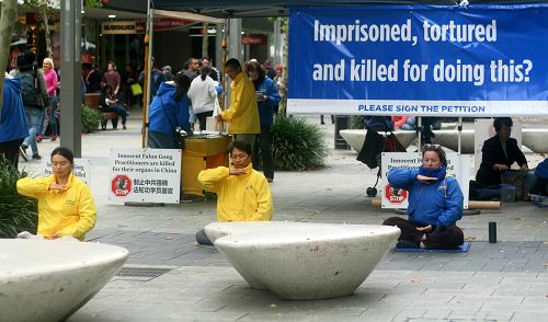 圖1：二零一六年六月十一日，西澳部份法輪功學員在珀斯市中心步行街設立真相點，展示法輪大法五套功法，傳播法輪功的真相。