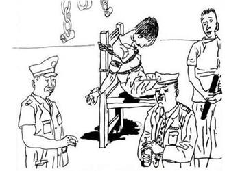 中共監獄酷刑示意圖：背銬在椅子上