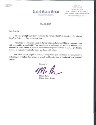 '圖：佛羅里達州邁阿密的美國聯邦參議員、美國國會中國問題常務委員會（Congressional-Executive Commission on China）共同主席馬可﹒魯比奧（Marco Rubio）給佛羅里達法輪大法協會發來賀信'