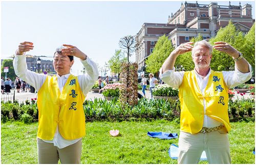 慶祝法輪大法日，法輪功學員在首都斯德哥爾摩櫻花盛開的皇家花園裏演示法輪功的五套功法，彼得和他的妻子布蕾特在煉功。
