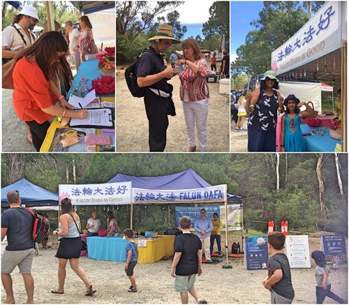 圖1： 二零一九年三月二十四日，曼寧漢姆市議會（Manningham City Council）舉辦的年度節慶Warrandyte Festival 吸引萬餘市民和遊客，圖為法輪大法展位上，民眾了解真相後在徵簽表上簽名，以及美麗蓮花帶給孩子和家長的欣喜。