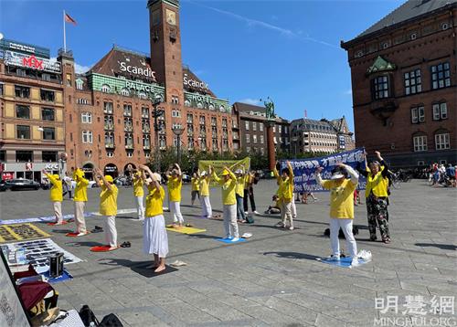 '圖2：下午在哥本哈根市政廳廣場，法輪功學員向民眾講述中共持續二十二年的迫害法輪功的罪行。'