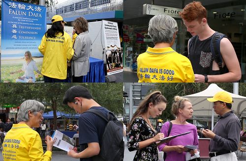 圖1：法輪功學員在車士活市中心的維多利亞步行街上向民眾講真相