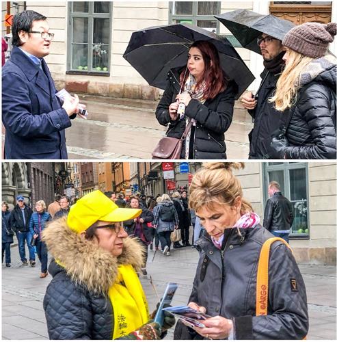 '圖2：法輪功學員冒雨面對面向當地民眾介紹甚麼是法輪功、講述法輪功在中國無辜遭受迫害的事實真相。'