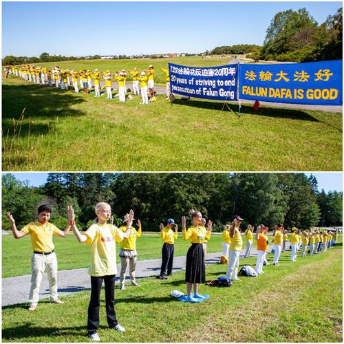 '圖1：二零一九年七月二十日上午瑞典法輪功學員聚集在中共駐瑞典大使館前，抗議中共自一九九九年七月二十日至今持續二十年的殘酷迫害，揭露中共謊言，曝光中共活摘法輪功學員器官牟利的罪惡。'