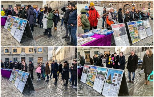 '圖1：二零二零年二月二十九日，瑞典法輪功學員在斯德哥爾摩錢幣廣場設立真相點。真相展板吸引過往路人駐足觀看、仔細閱讀。'