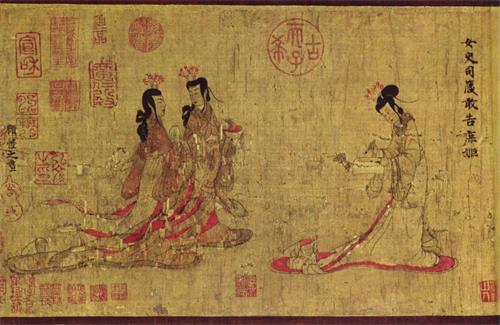 圖：東晉顧愷之（約公元348年─409年）所作《女史箴圖》手卷的最後一景，描繪女史（宮廷女官）正在書寫箴言。女史箴圖》是一幅中國絹本設色敘事手卷畫，旨在圖解西晉文學家張華所著《女史箴》。《女史箴》通過描繪歷代宮廷女性的行為與日常生活，規勸賈皇后並為宮廷女性提供道德指引。（公共領域）